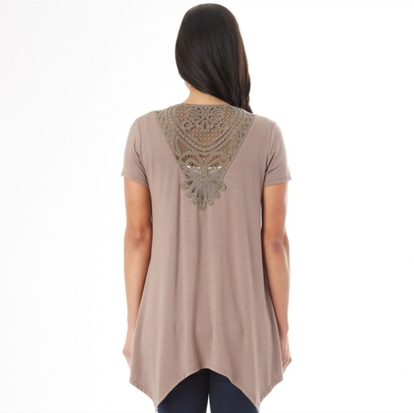 NWT Apt. 9 Taupe Open Front Cardigan Crochet Lace Back Insert Short Sleeves XL - Picture 11 of 12